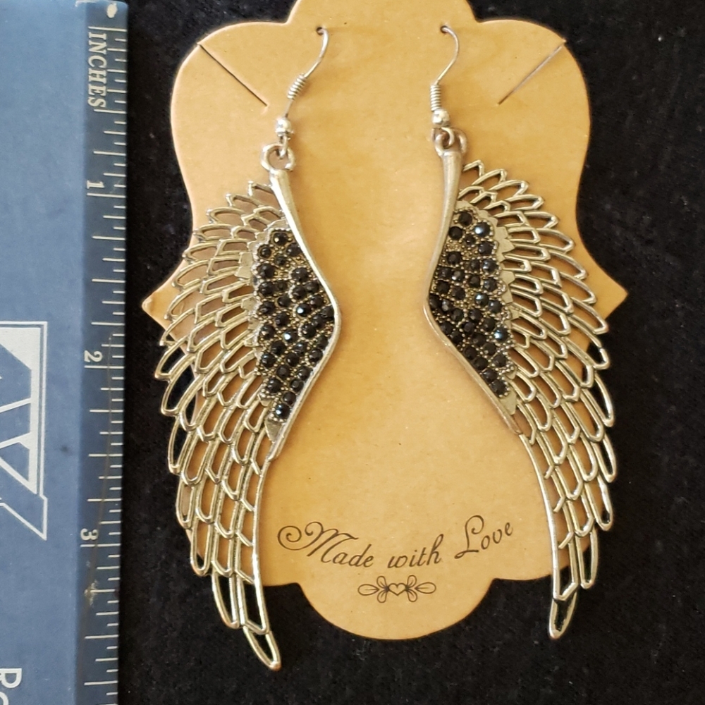 Handmade wing earings w/ black stones